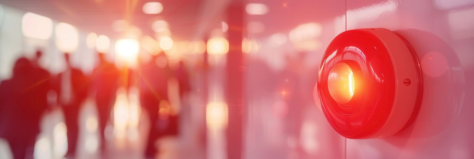 A bright red fire alarm is mounted on the wall, illuminating as people walk in the background during the day. Generative AI