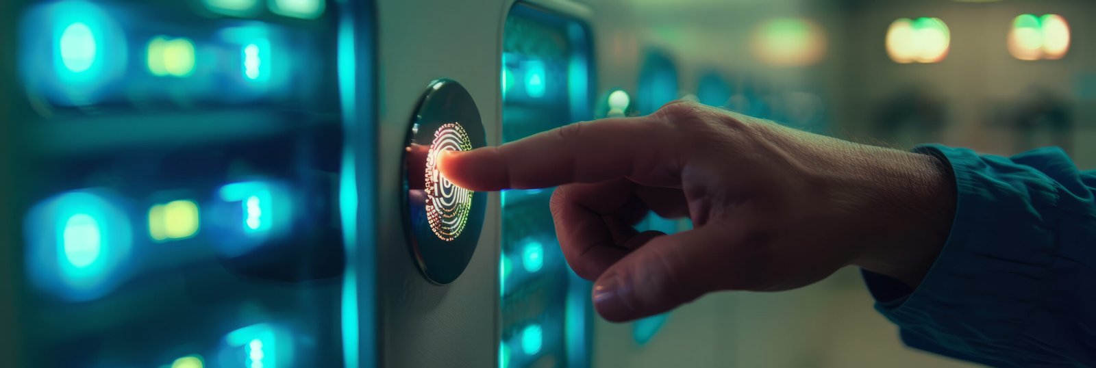 A close-up of a fingerprint scanner unlocking access to a secure digital document vault.
