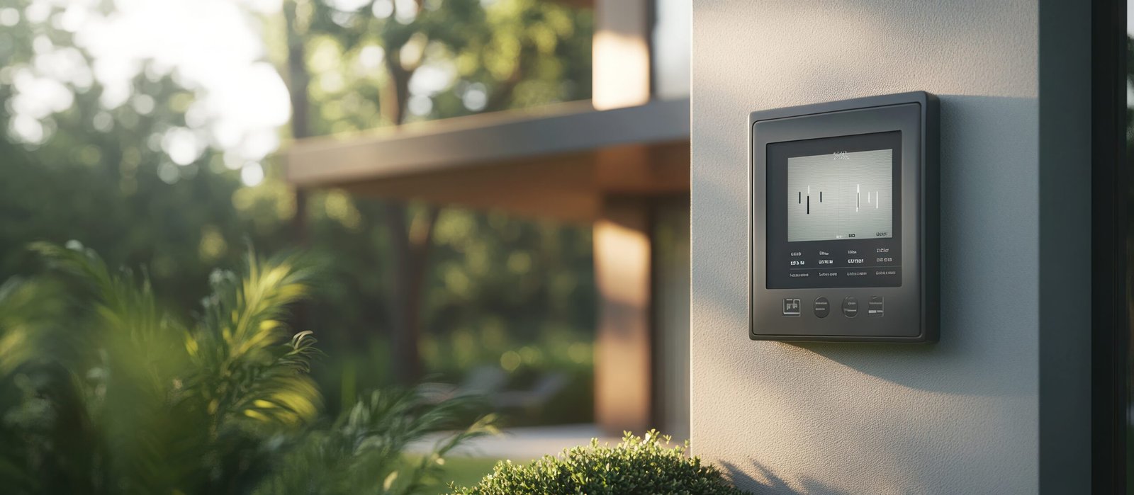 Smart home control panel mounted on exterior wall of modern house.