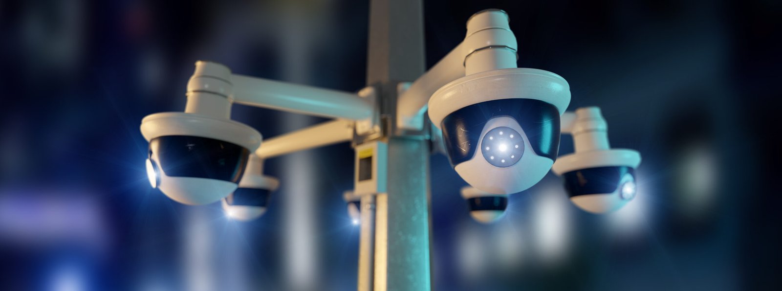Street security cctv camera filming a night city  - 3d rendering